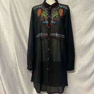 2xtremz Tunic Dress Blouse Shear Black Embroidery Feather Art XL